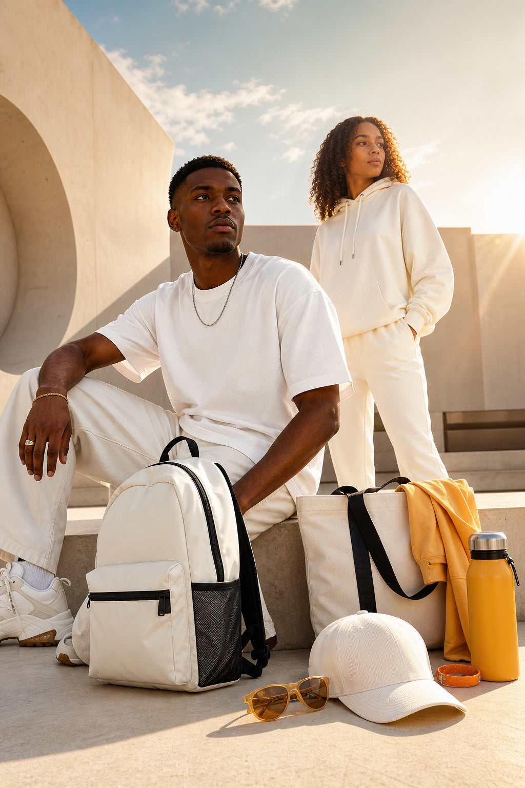 Sun Ninja campaign image with light apparel and accessories in a bright day setting