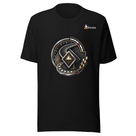 Motorsport Polish Apex Circuit adult-unisex black tee front mockup with centered category art and Shirt Ninja patch on wearer-left upper chest