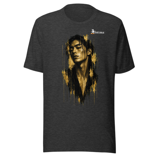 Gold Face Variant 10 Men's Staple Tee Printful shirt mockup with corrected front logo clearance