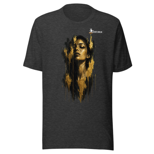 Gold Face Variant 03 Men's Staple Tee Printful shirt mockup with corrected front logo clearance