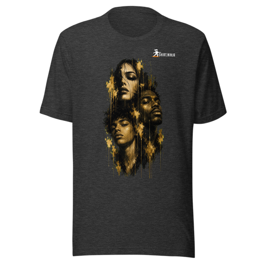 Gold Face Variant 08 Men's Staple Tee Printful shirt mockup with corrected front logo clearance