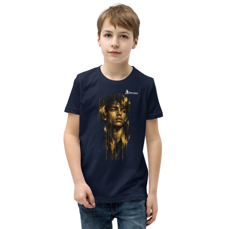 Gold Face Variant 11 Boys Youth Tee Printful shirt mockup with corrected front logo clearance