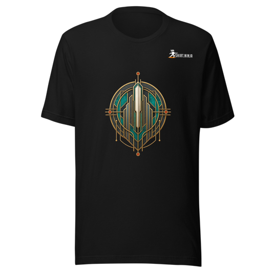 Neo Deco City Glyphs adult-unisex black tee front mockup with centered category art and Shirt Ninja patch on wearer-left upper chest