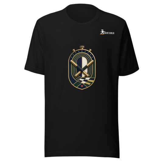 Sport Luxe Track Club adult-unisex black tee front mockup with centered category art and Shirt Ninja patch on wearer-left upper chest