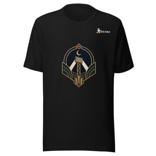 Sport Luxe Stadium Nights adult-unisex black tee front mockup with centered category art and Shirt Ninja patch on wearer-left upper chest