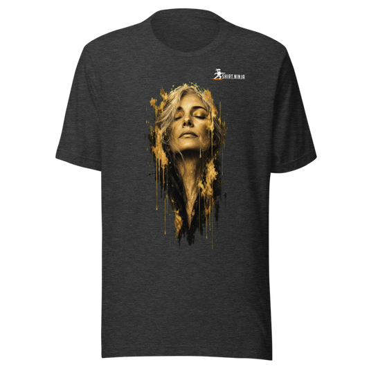 Gold Face Variant 09 Men's Staple Tee Printful shirt mockup with corrected front logo clearance