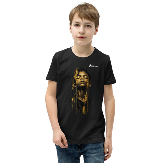 Gold Face Variant 07 Kids Tee Printful shirt mockup with corrected front logo clearance