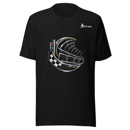 Motorsport Polish Grandstand Grid adult-unisex black tee front mockup with centered category art and Shirt Ninja patch on wearer-left upper chest