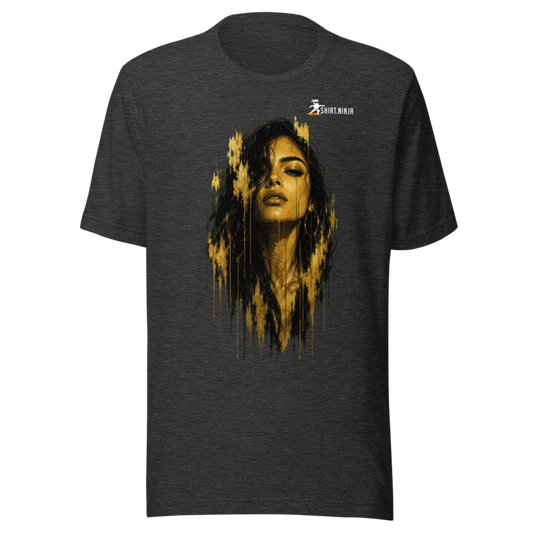 Gold Face Variant 12 Men's Staple Tee Printful shirt mockup with corrected front logo clearance