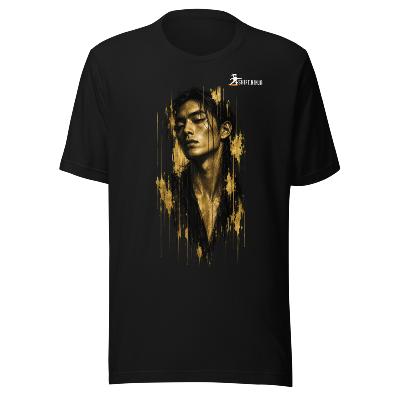 Gold Face Variant 10 Unisex Signature Tee Printful shirt mockup with corrected front logo clearance