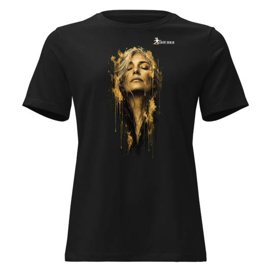 Gold Face Variant 09 Women's Relaxed Tee Printful shirt mockup with corrected front logo clearance