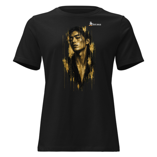 Gold Face Variant 10 Women's Relaxed Tee Printful shirt mockup with corrected front logo clearance