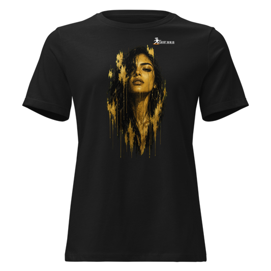 Gold Face Variant 12 Women's Relaxed Tee Printful shirt mockup with corrected front logo clearance