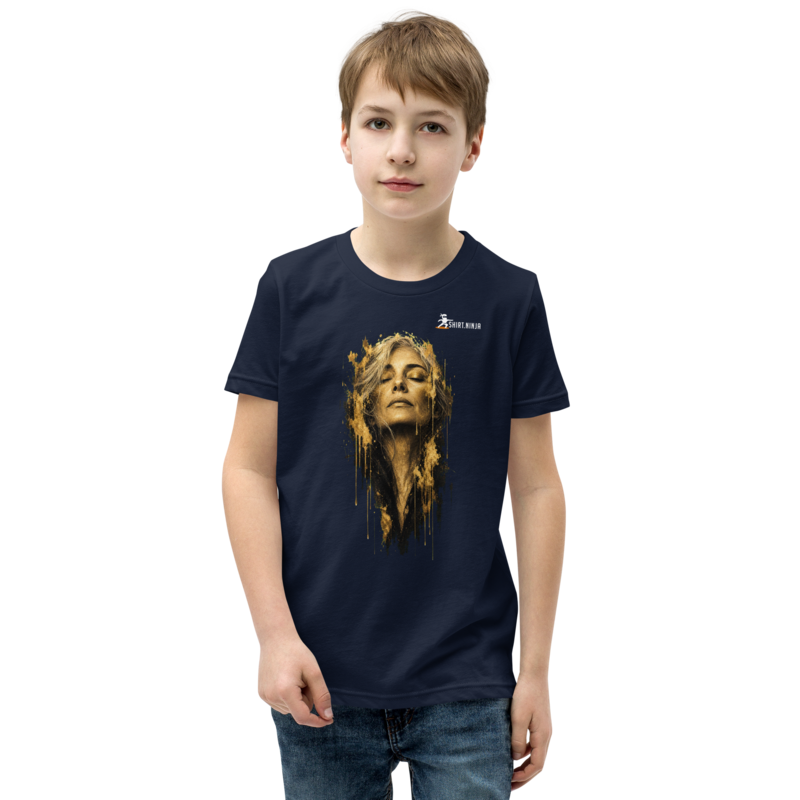 Gold Face Variant 09 Girls Youth Tee Printful shirt mockup with corrected front logo clearance