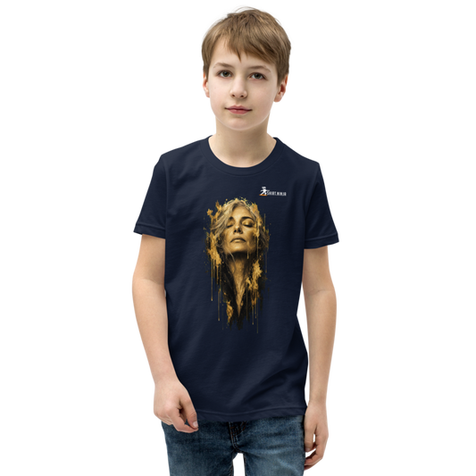 Gold Face Variant 09 Girls Youth Tee Printful shirt mockup with corrected front logo clearance