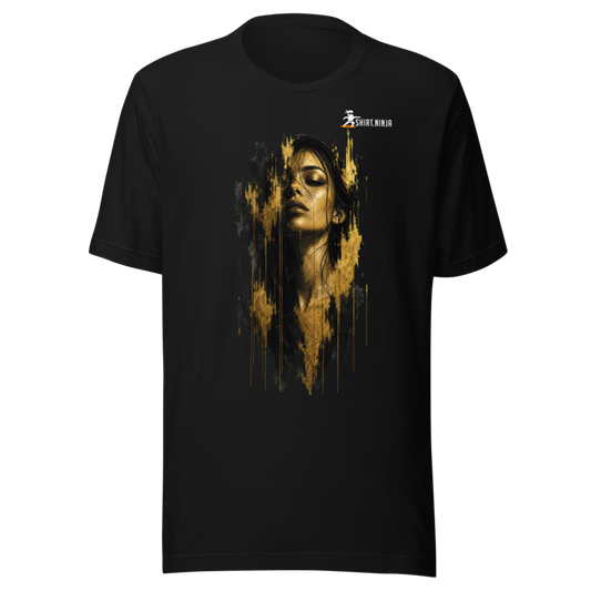 Gold Face Variant 03 Unisex Signature Tee Printful shirt mockup with corrected front logo clearance