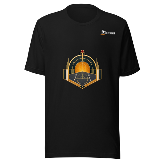 Sport Luxe Court Afterglow adult-unisex black tee front mockup with centered category art and Shirt Ninja patch on wearer-left upper chest