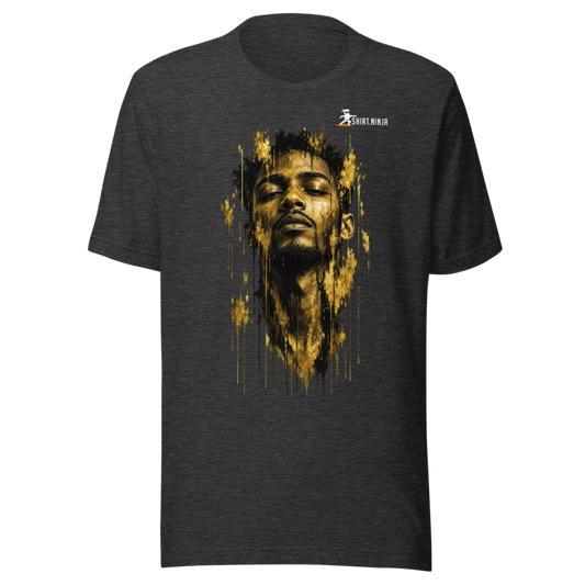 Gold Face Variant 05 Men's Staple Tee Printful shirt mockup with corrected front logo clearance
