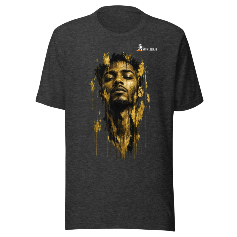 Gold Face Variant 05 Unisex Signature Tee Printful shirt mockup with corrected front logo clearance