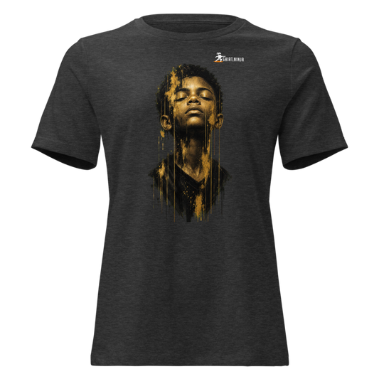 Gold Face Variant 07 Women's Relaxed Tee Printful shirt mockup with corrected front logo clearance