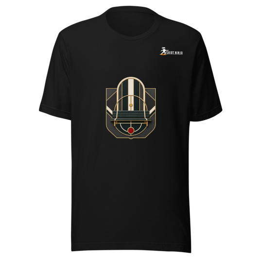 Sport Luxe Sideline Social adult-unisex black tee front mockup with centered category art and Shirt Ninja patch on wearer-left upper chest