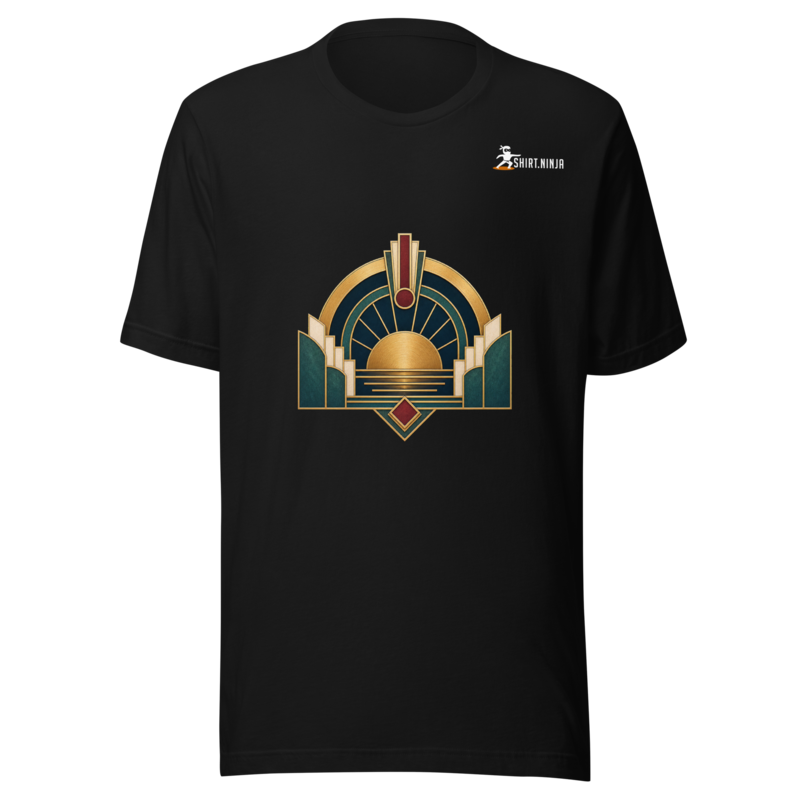 Neo Deco Brass Horizon adult-unisex black tee front mockup with centered category art and Shirt Ninja patch on wearer-left upper chest