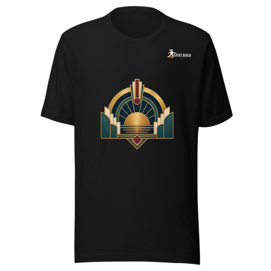Neo Deco Brass Horizon adult-unisex black tee front mockup with centered category art and Shirt Ninja patch on wearer-left upper chest