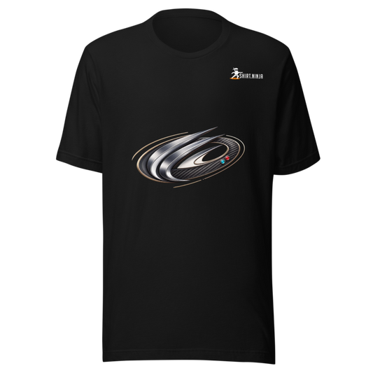 Motorsport Polish Velocity Club adult-unisex black tee front mockup with centered category art and Shirt Ninja patch on wearer-left upper chest