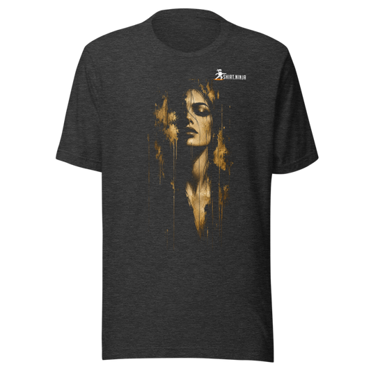 Gold Face Designer Men's Staple Tee Printful shirt mockup with corrected front logo clearance