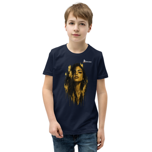 Gold Face Variant 12 Girls Youth Tee Printful shirt mockup with corrected front logo clearance