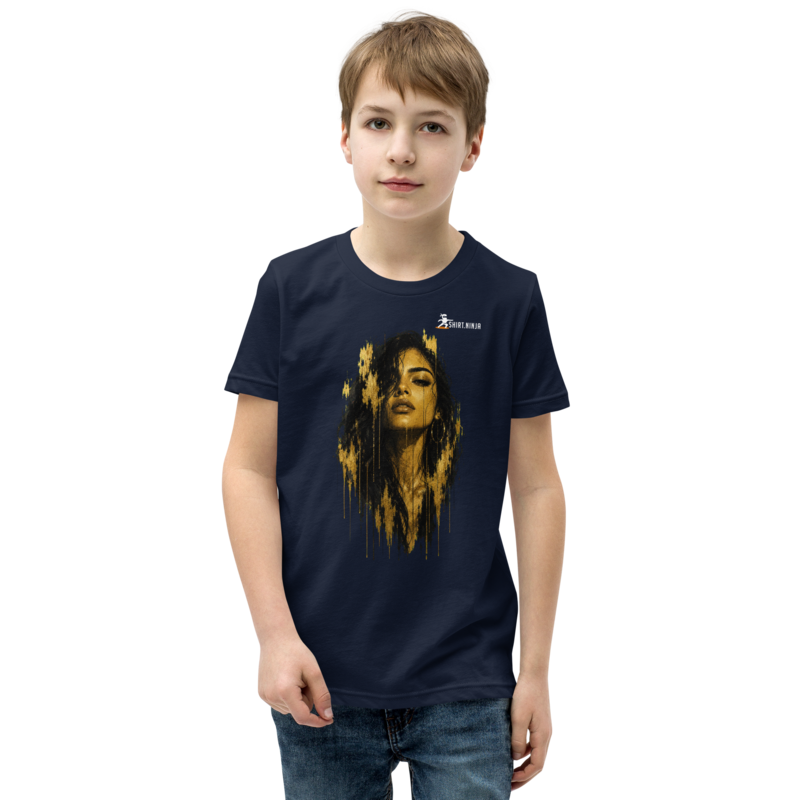 Gold Face Variant 12 Boys Youth Tee Printful shirt mockup with corrected front logo clearance