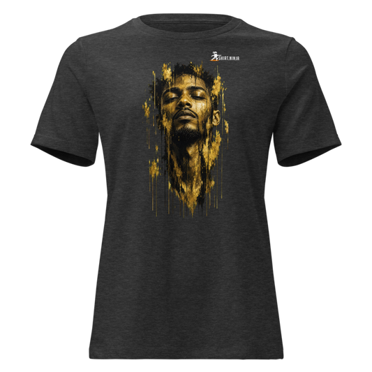 Gold Face Variant 05 Women's Relaxed Tee Printful shirt mockup with corrected front logo clearance