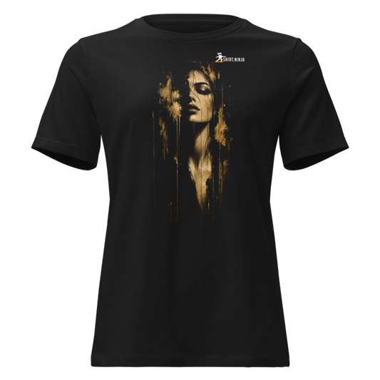 Gold Face Designer Women's Relaxed Tee Printful shirt mockup with corrected front logo clearance