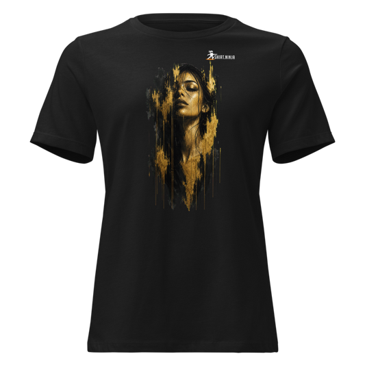 Gold Face Variant 03 Women's Relaxed Tee Printful shirt mockup with corrected front logo clearance