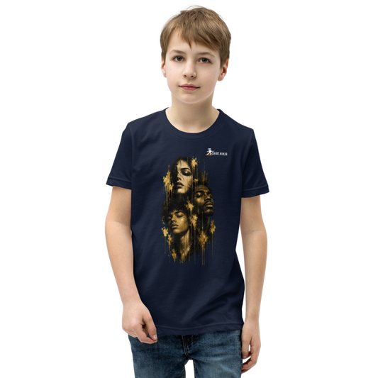 Gold Face Variant 08 Girls Youth Tee Printful shirt mockup with corrected front logo clearance