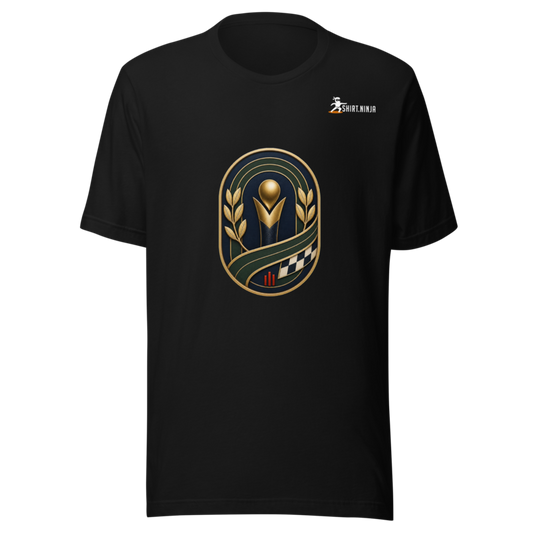 Sport Luxe Victory Lap adult-unisex black tee front mockup with centered category art and Shirt Ninja patch on wearer-left upper chest