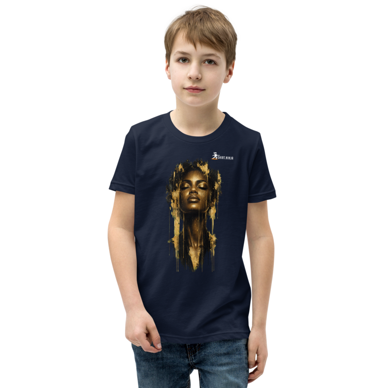 Gold Face Variant 04 Teen Staple Tee Printful shirt mockup with corrected front logo clearance