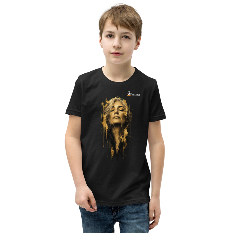 Gold Face Variant 09 Kids Tee Printful shirt mockup with corrected front logo clearance