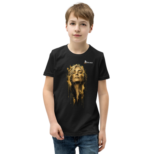 Gold Face Variant 09 Kids Tee Printful shirt mockup with corrected front logo clearance