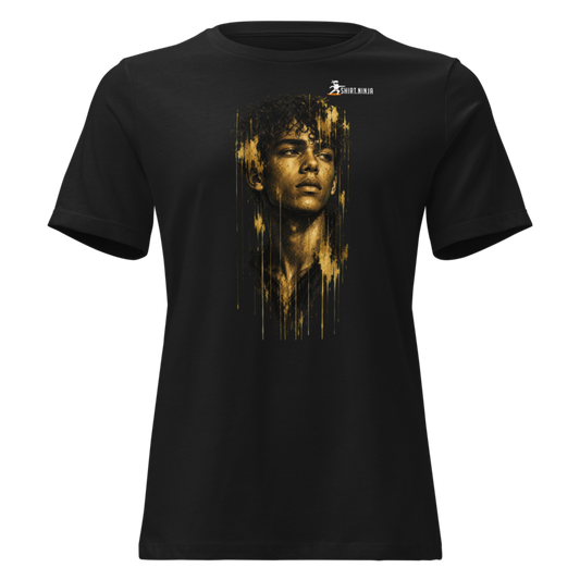 Gold Face Variant 11 Women's Relaxed Tee Printful shirt mockup with corrected front logo clearance