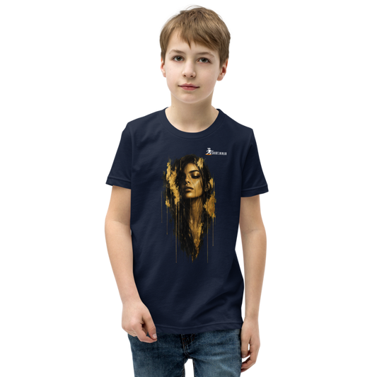 Gold Face Variant 06 Boys Youth Tee Printful shirt mockup with corrected front logo clearance
