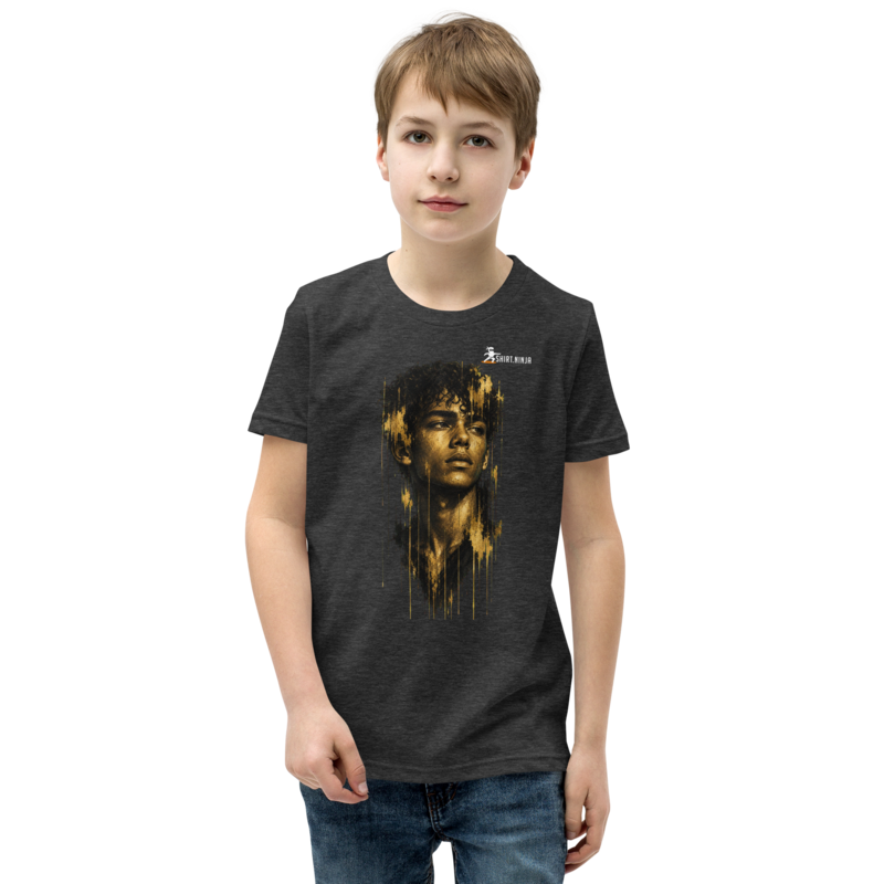 Gold Face Variant 11 Teen Staple Tee Printful shirt mockup with corrected front logo clearance