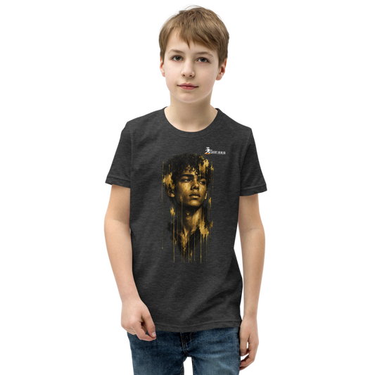 Gold Face Variant 11 Teen Staple Tee Printful shirt mockup with corrected front logo clearance