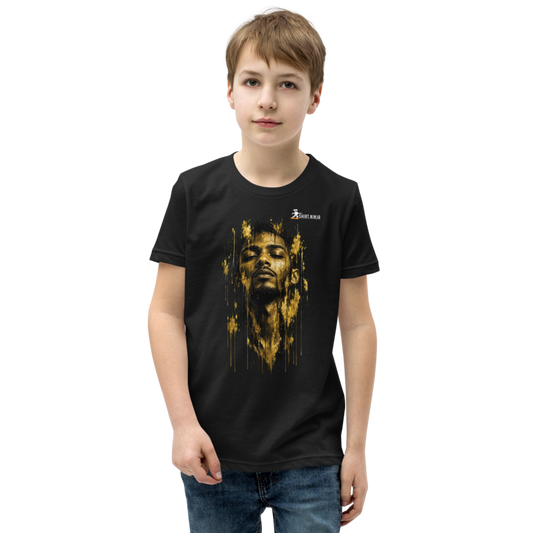 Gold Face Variant 05 Kids Tee Printful shirt mockup with corrected front logo clearance