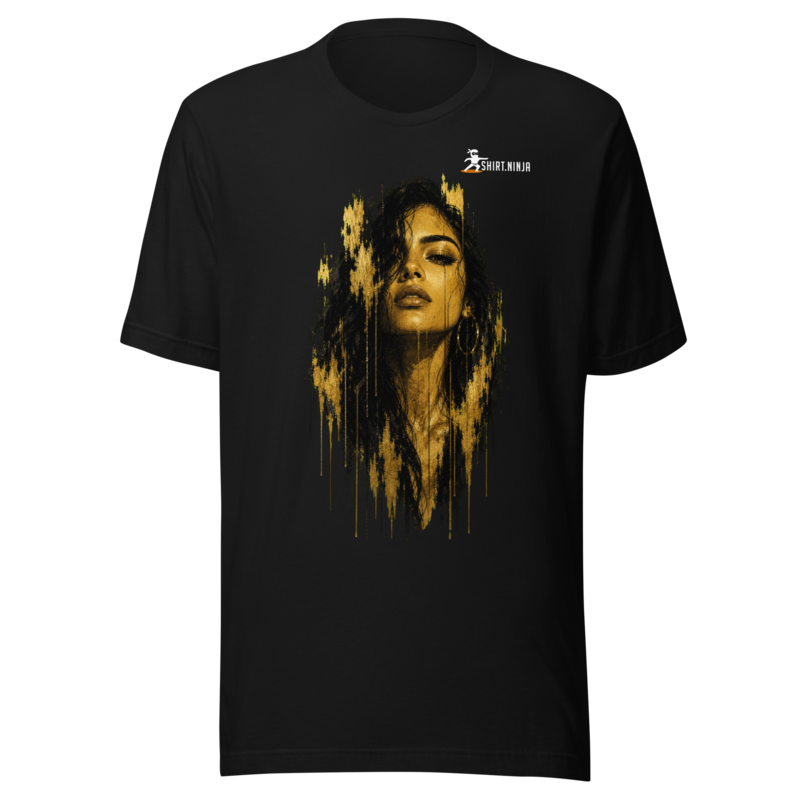 Gold Face Variant 12 Unisex Signature Tee Printful shirt mockup with corrected front logo clearance