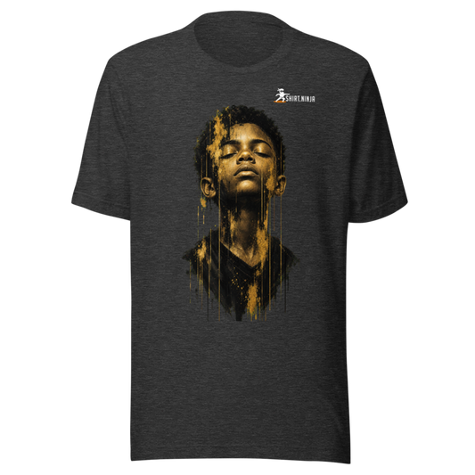 Gold Face Variant 07 Men's Staple Tee Printful shirt mockup with corrected front logo clearance