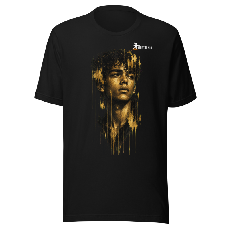 Gold Face Variant 11 Unisex Signature Tee Printful shirt mockup with corrected front logo clearance