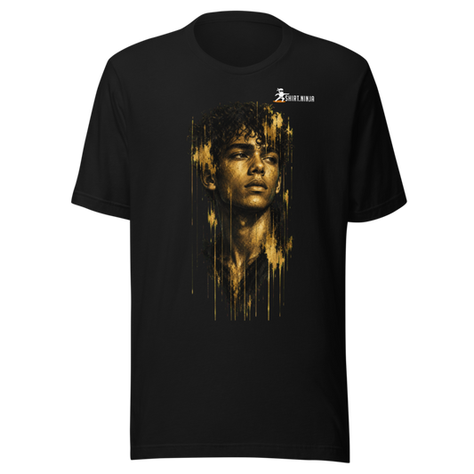 Gold Face Variant 11 Unisex Signature Tee Printful shirt mockup with corrected front logo clearance