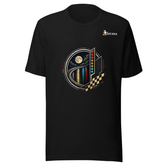 Motorsport Polish Night Lap adult-unisex black tee front mockup with centered category art and Shirt Ninja patch on wearer-left upper chest