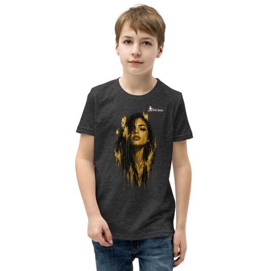 Gold Face Variant 12 Teen Staple Tee Printful shirt mockup with corrected front logo clearance